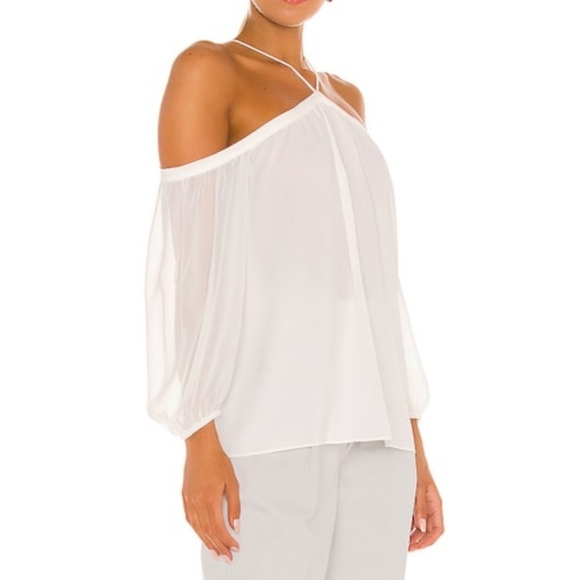 1. State Blouse High Neck Chiffon Sheer Blouson Sleeves Off Shoulder White M NWT - Picture 1 of 14